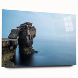 Acrylic wall art collection showcasing a vibrant abstract landscape design with cliffs, displayed from a side view. The piece features bold colors and smooth glass finish, ideal for modern home decor.