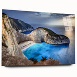 Acrylic glass wall art display featuring a stunning landscape of cliffs with vibrant colors, designed to enhance modern home decor. Perfect for nature lovers.