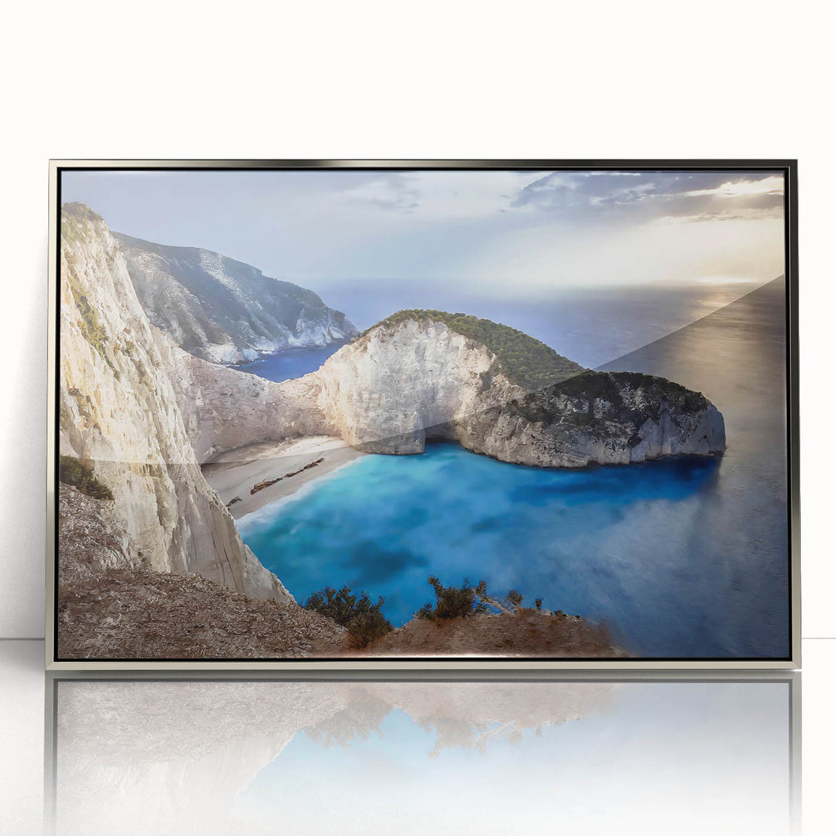 Framed acrylic wall art featuring a stunning landscape of cliffs, showcasing vibrant colors and intricate details, perfect for adding elegance to any decor.