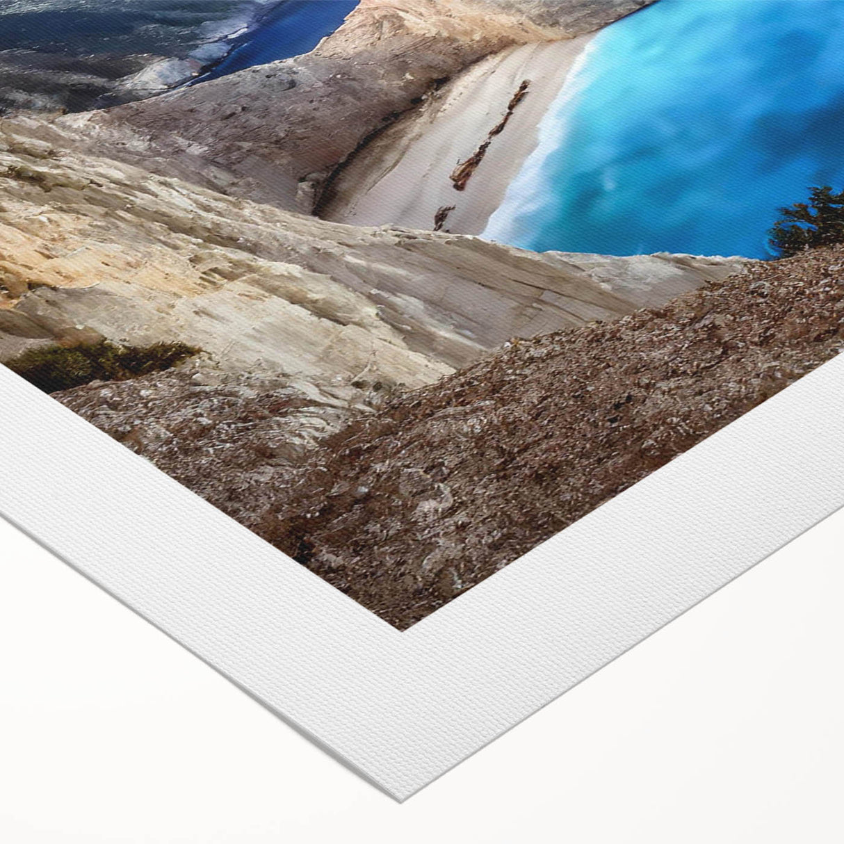 Rolled canvas featuring a stunning landscape of rugged cliffs and serene blue skies, showcasing vibrant colors and dramatic textures, ideal for home decor.
