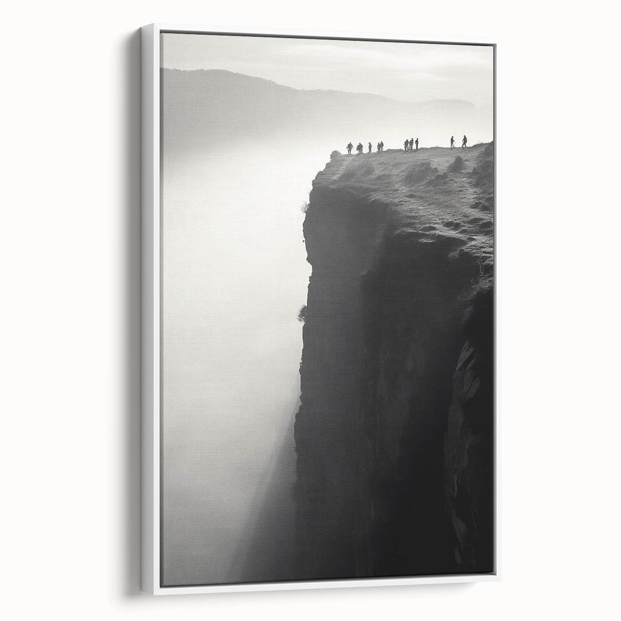 Framed canvas wall art showcasing a stunning cliff landscape design, featuring vibrant colors and intricate details, perfect for home decor enhancement. The artwork is elegantly displayed with a white frame, adding a modern touch to any living space.