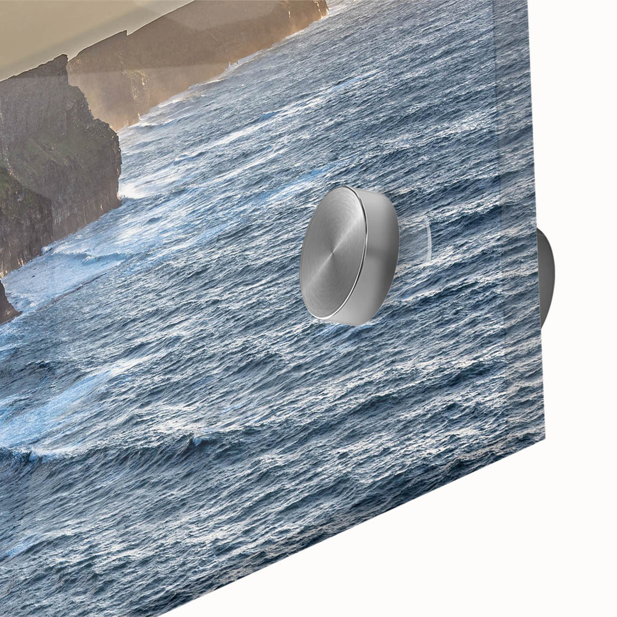 Close-up of a vibrant acrylic glass wall art piece showcasing stunning landscapes and cliffs, perfect for modern home decor, highlighting natural beauty and artistic design.