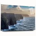 Acrylic glass wall art collection showcasing a vibrant landscape design with cliffs, viewed from the side, elegantly displayed with decorative pins, ideal for modern decor.