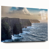 Acrylic glass wall art collection showcasing a stunning cliff landscape design with vibrant colors, displayed side view without pins, perfect for modern decor.