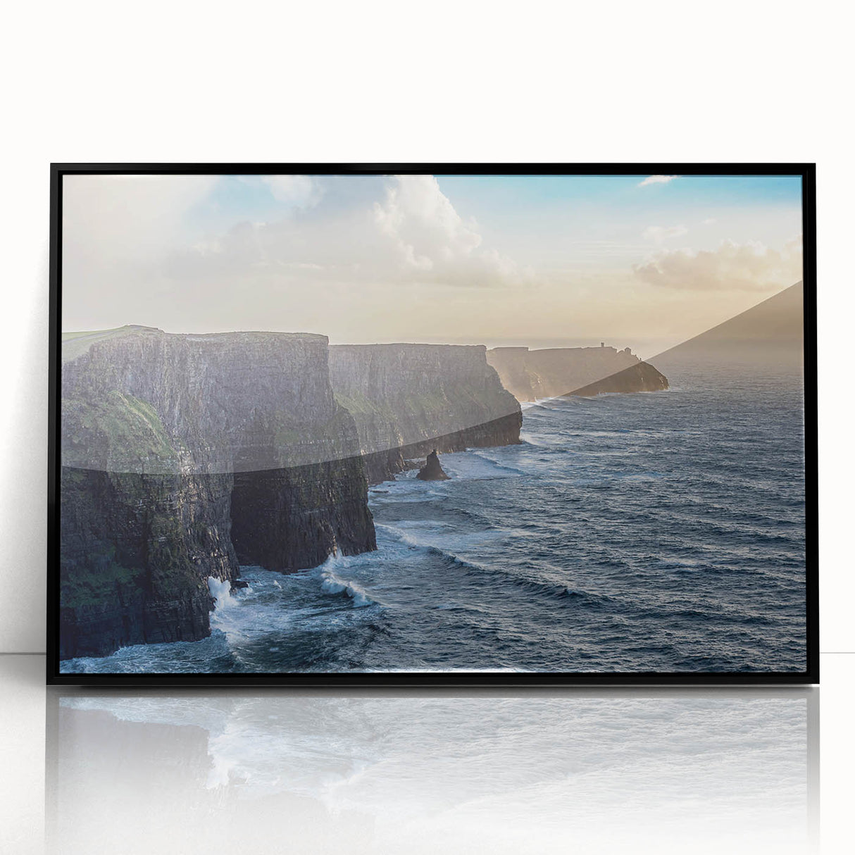 Framed acrylic wall art showcasing a striking landscape design of cliffs, presented in a sleek black frame, ideal for modern home decor and interior styling.