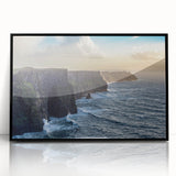 Framed acrylic wall art showcasing a striking landscape design of cliffs, presented in a sleek black frame, ideal for modern home decor and interior styling.