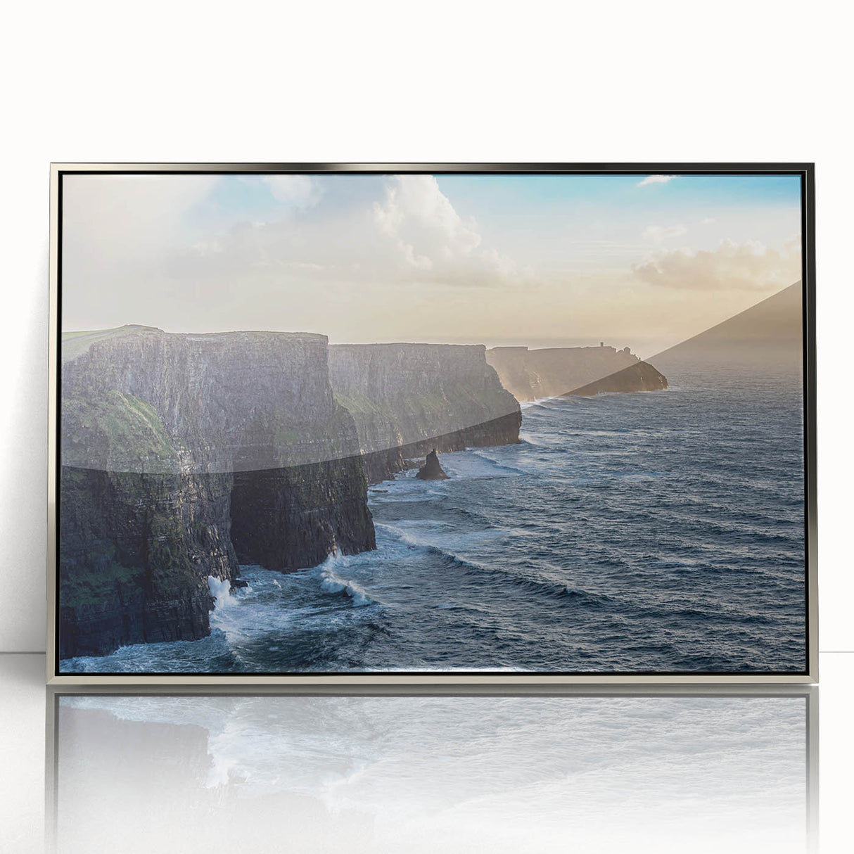 Framed acrylic wall art showcasing stunning cliff landscapes in silver tones, perfect for modern home decor, enhancing any living space with natural beauty.