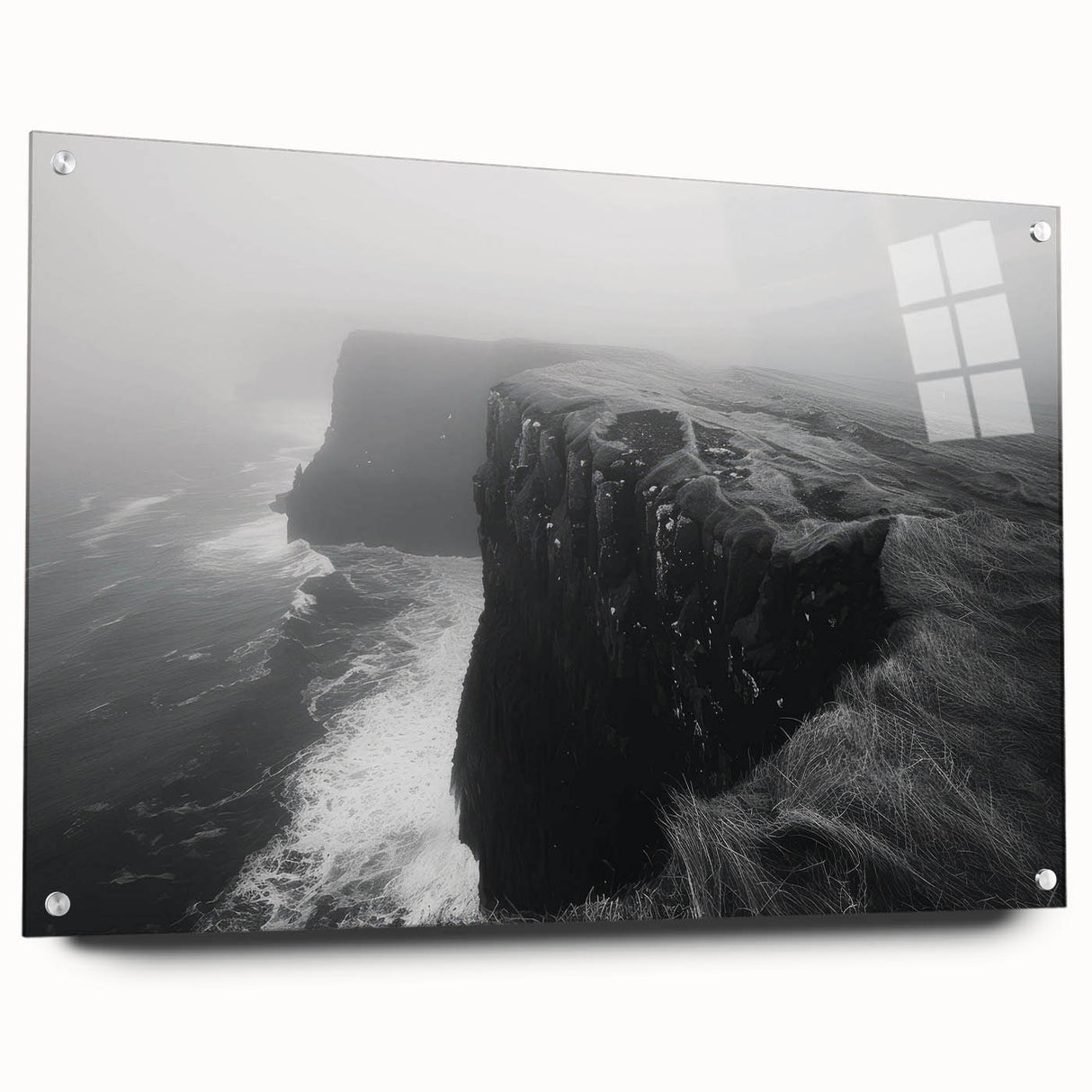A side view of a modern wall art collection featuring vibrant landscape cliffs design, printed on acrylic glass, showcasing vivid colors and elegant pins for hanging.