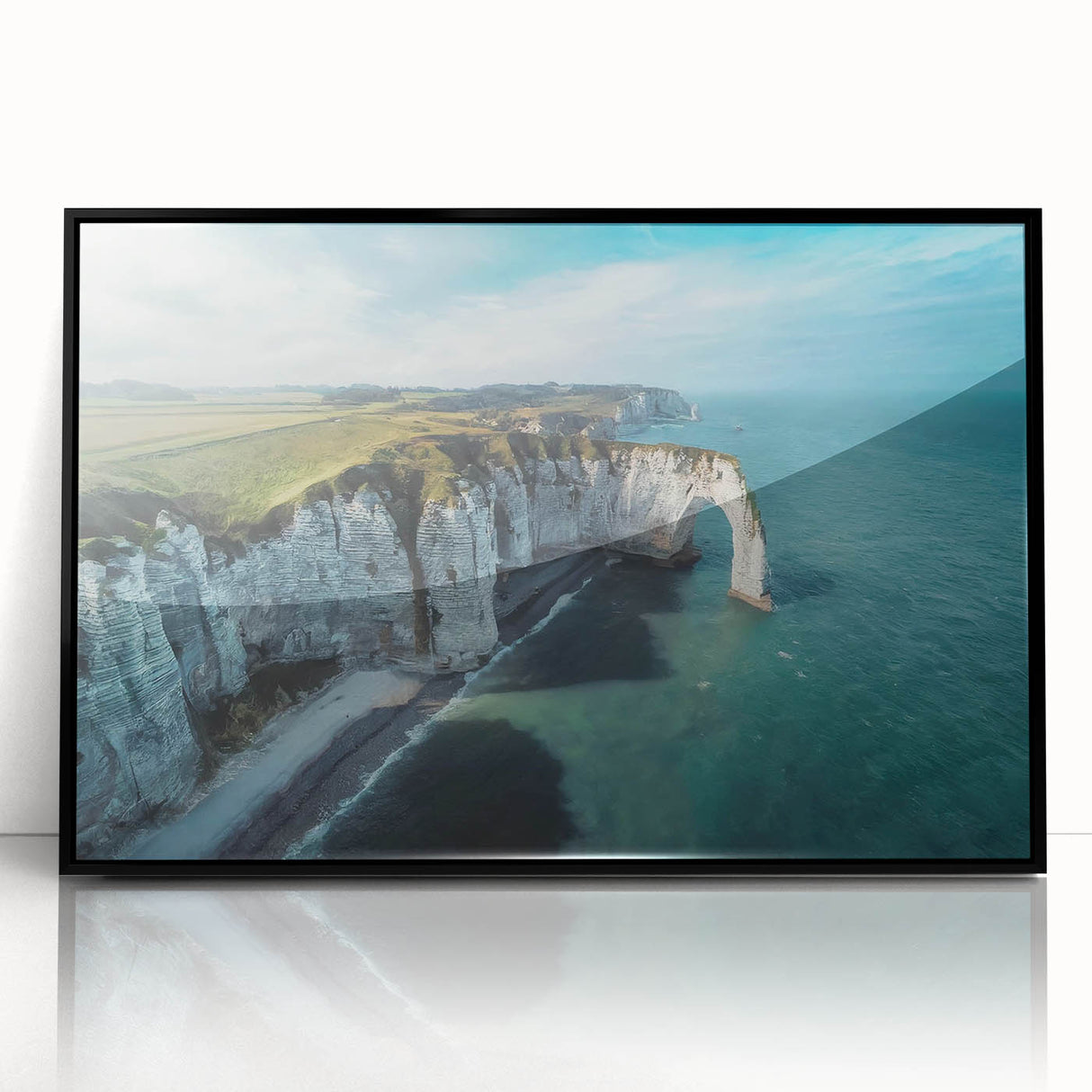 Framed acrylic wall art showcasing a stunning landscape of dramatic cliffs, featuring rich colors and textures, ideal for modern home decor enhancement.