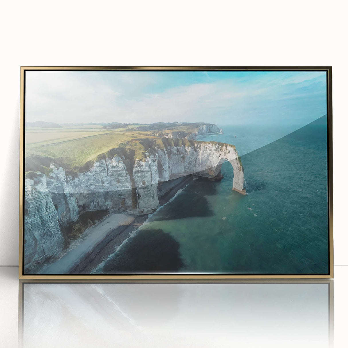Framed acrylic wall art showcasing a stunning landscape of cliffs, featuring rich gold accents and intricate detailing, perfect for modern home decor.