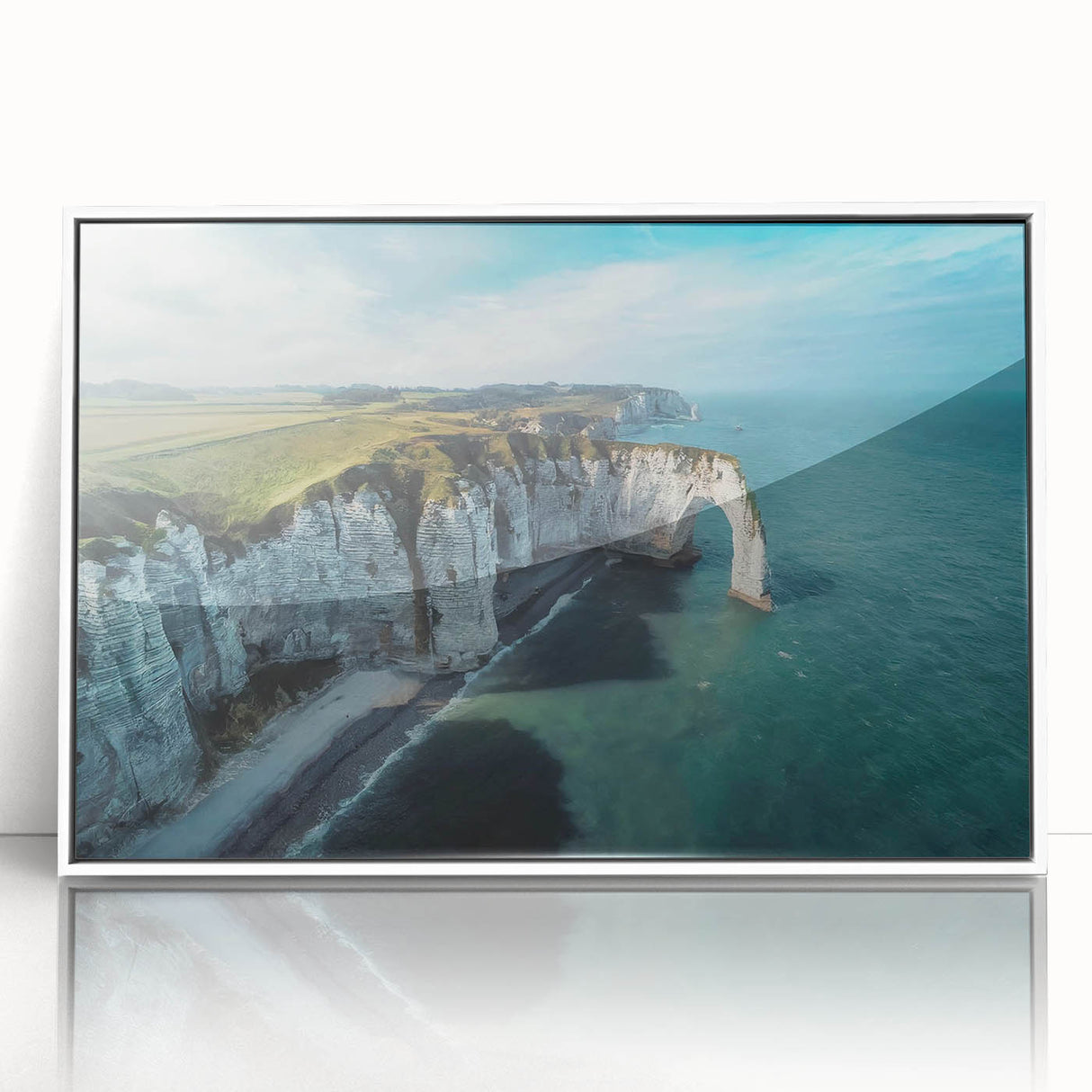 Framed acrylic wall art showcasing a stunning landscape of cliffs, featuring vibrant colors and intricate details, perfect for adding elegance to any space.