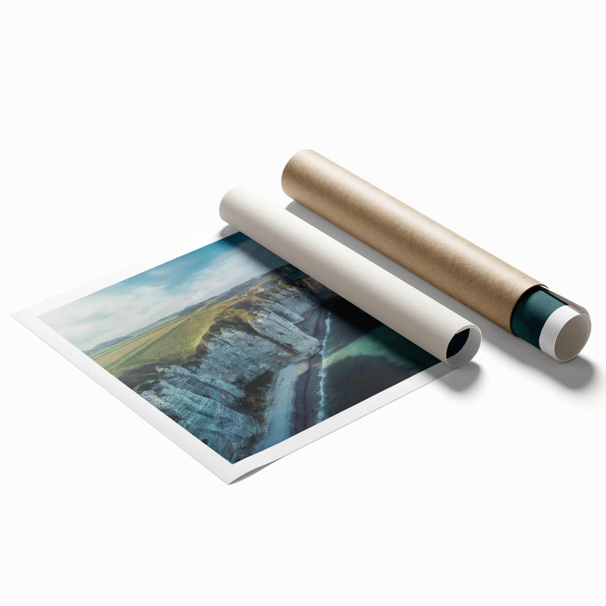 Vibrant rolled print showcasing a captivating cliff landscape design in earthy tones, perfect for home decor or office settings, highlighting natural beauty.