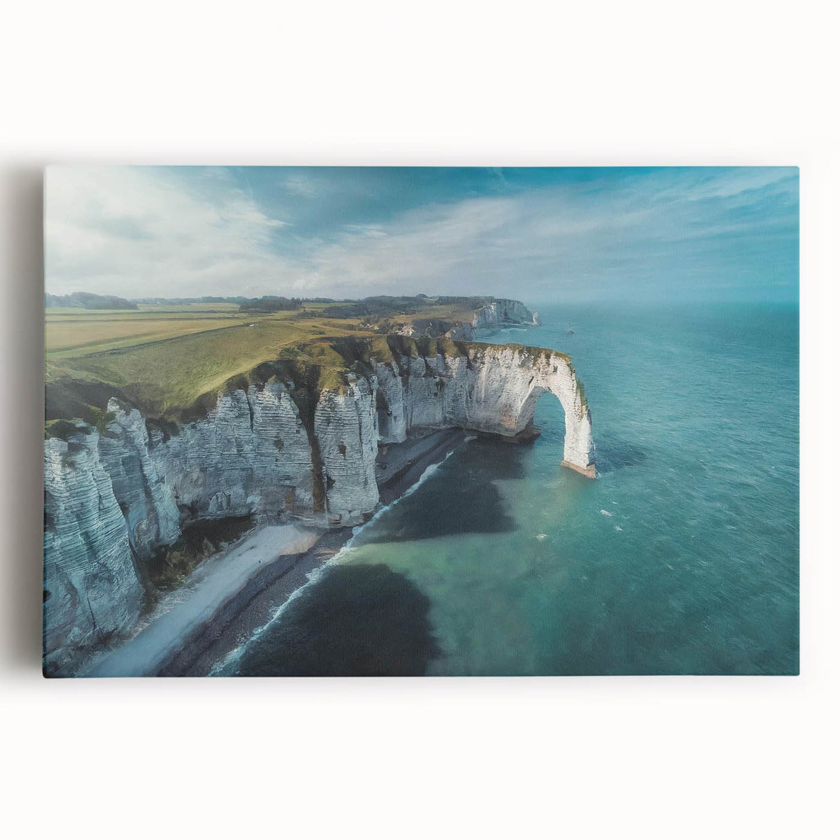 Stretched canvas wall art showcasing a vibrant landscape with dramatic cliffs and serene skies, perfect for modern home decor, enhancing any living space with natural beauty.