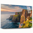 Acrylic glass wall art piece showcasing a vibrant cliff landscape design, displayed from a side view with decorative pins, perfect for modern home decor.
