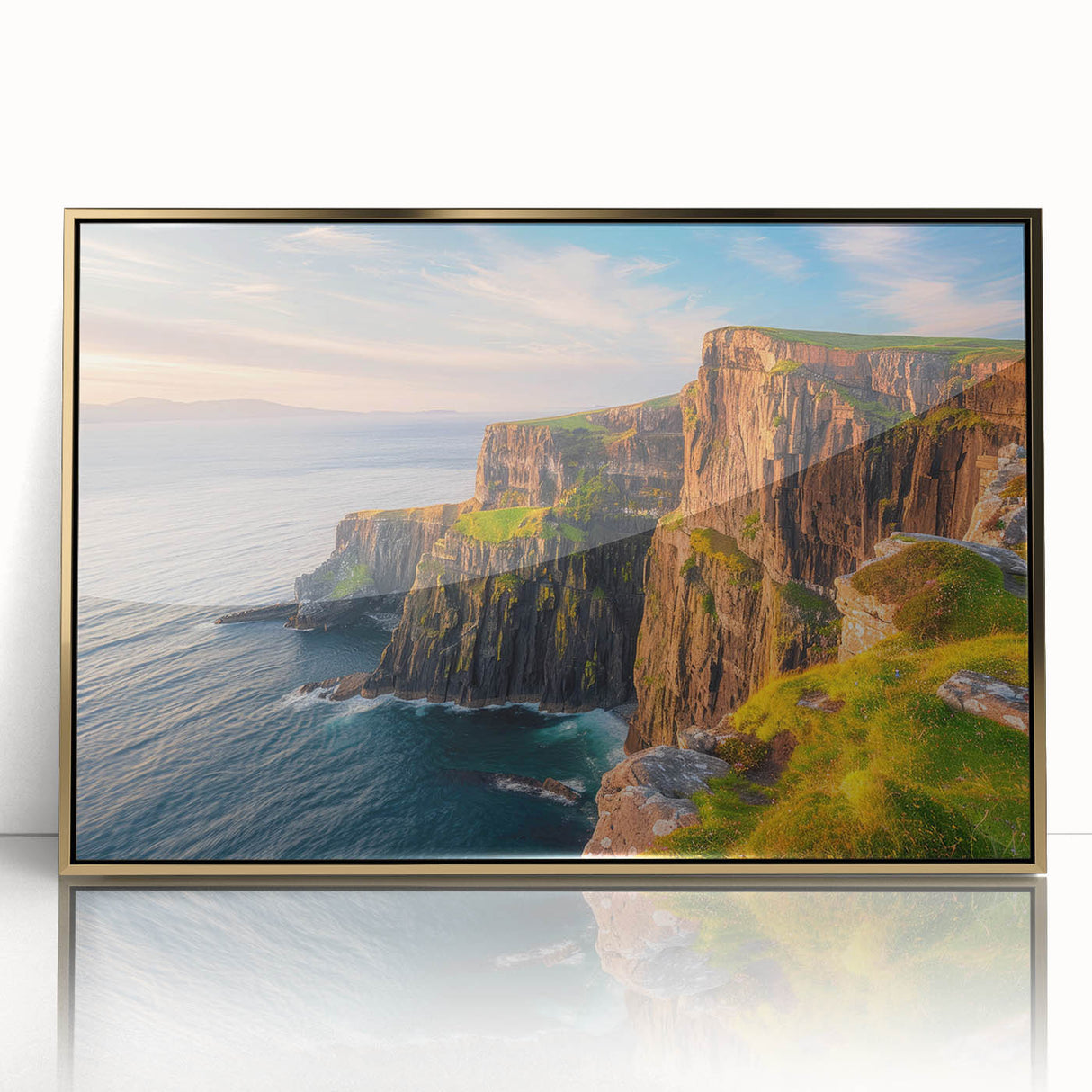 Framed acrylic wall art featuring a stunning landscape of cliffs bathed in golden hues, perfect for modern home decor. Ideal for enhancing living spaces with natural beauty.