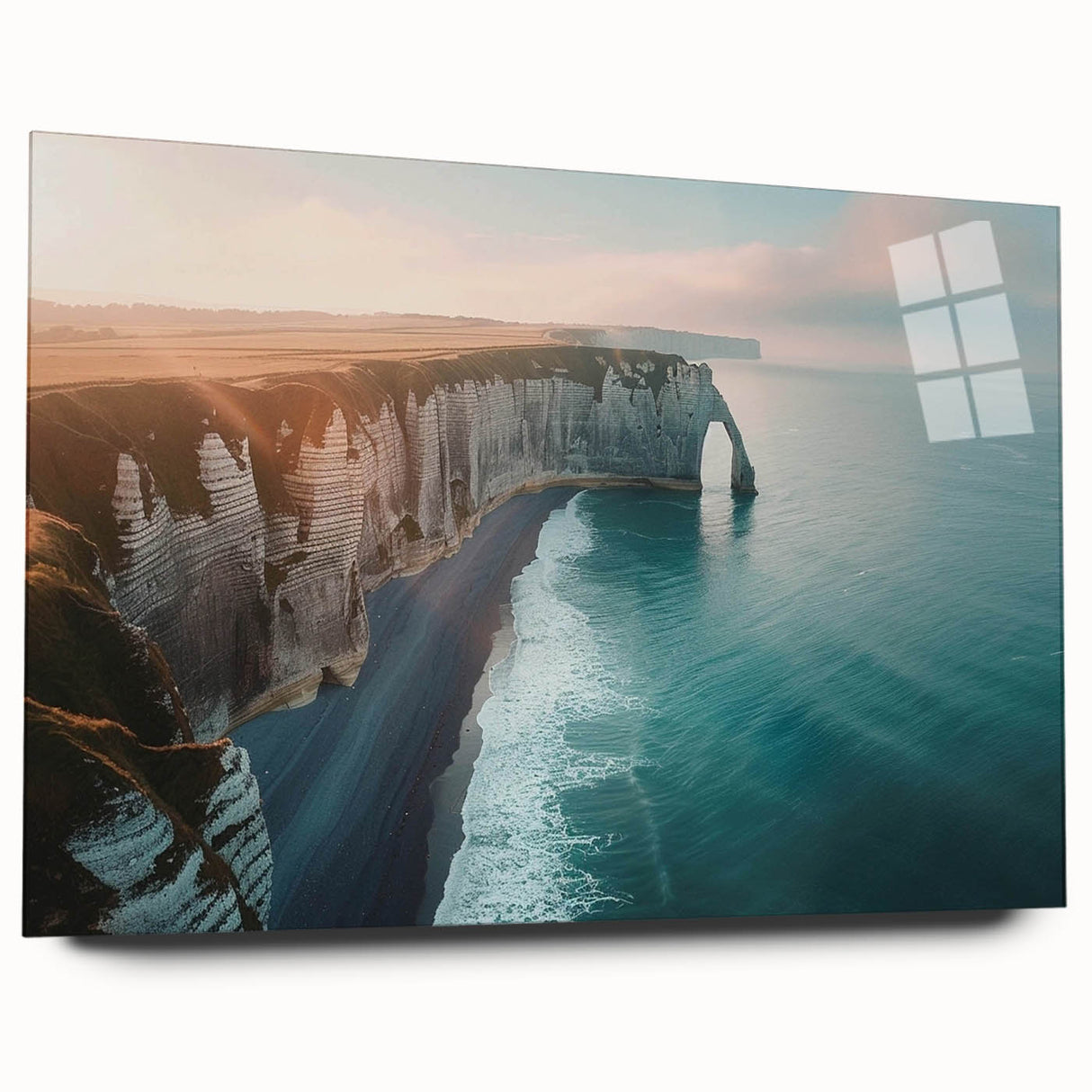 Acrylic glass wall art piece showcasing a stunning landscape of rugged cliffs under a bright blue sky, ideal for modern home décor and interior design.