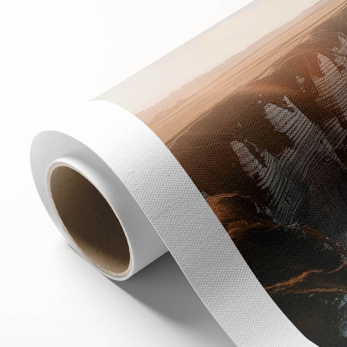 Rolled canvas artwork showcasing a stunning cliff landscape design with vibrant colors and textured details, elegantly packaged in a protective cardboard tube for safe delivery.