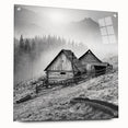 Acrylic glass wall art showcasing a scenic countryside landscape, featuring vibrant colors and intricate details, displayed with decorative pins against a minimalist backdrop. This design adds a touch of nature-inspired elegance to any interior space.