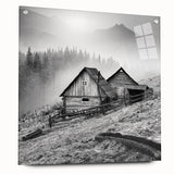 Acrylic glass wall art showcasing a scenic countryside landscape, featuring vibrant colors and intricate details, displayed with decorative pins against a minimalist backdrop. This design adds a touch of nature-inspired elegance to any interior space.