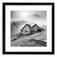 Framed wall art showcasing a serene countryside landscape with vibrant colors, elegantly matted and finished in a sleek black frame, perfect for home decor.