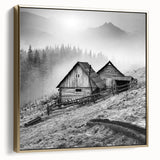 Framed canvas wall art depicting a serene countryside landscape with vibrant green fields, golden sunlight, and soft clouds, perfect for home decor.