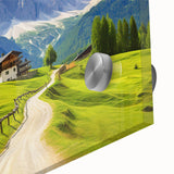 Close-up of a vibrant acrylic glass wall art piece showcasing a serene countryside landscape with lush greenery and rolling hills, perfect for home decor.