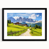 Black-framed wall art showcasing a serene countryside landscape design, featuring vibrant green fields and a clear blue sky, perfect for home decor.