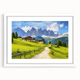 Framed wall art showcasing a serene countryside landscape design with vibrant colors, displayed with a white mat for an elegant touch, enhancing home decor aesthetics.