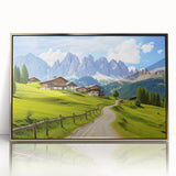 Framed acrylic wall art showcasing a serene countryside landscape with vibrant green fields and a golden frame, perfect for home decor.