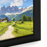 Framed canvas wall art featuring a serene countryside landscape design, showcasing vibrant greens and soft blues, perfect for adding a tranquil atmosphere to any room.