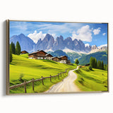 Framed canvas wall art depicting a serene countryside landscape, showcasing vibrant greens and golden hues, perfect for home decor. The piece emphasizes nature's beauty with its detailed design and elegant frame, ideal for adding a touch of tranquility to any room.