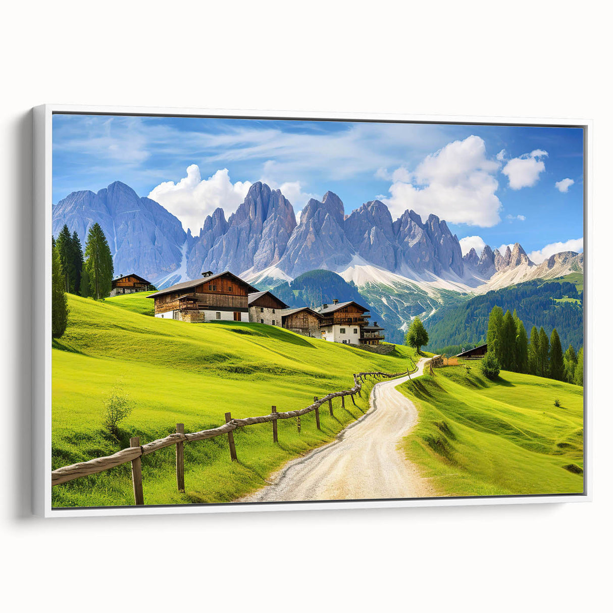 Framed canvas wall art showcasing a serene countryside landscape with rolling hills, lush greenery, and a calming blue sky, perfect for home decor.