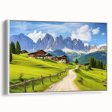 Framed canvas wall art showcasing a serene countryside landscape with rolling hills, lush greenery, and a calming blue sky, perfect for home decor.