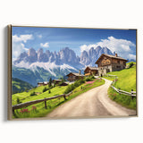 Framed canvas wall art showcasing a serene countryside landscape with vibrant green fields and a golden sunset, adding elegance to home decor. Perfect for nature lovers.