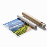 Vibrant rolled print of a serene countryside landscape featuring lush green fields, rolling hills, and a clear blue sky, ideal for home decor.