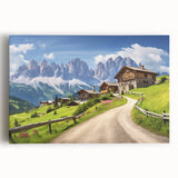 Stretched canvas wall art showcasing a picturesque countryside landscape with vibrant green fields and a serene blue sky, perfect for home decor.