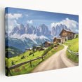 Stretched canvas wall art depicting a serene countryside landscape with rolling green hills, vibrant trees, and a clear blue sky, perfect for home decor.