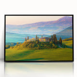 Framed acrylic wall art showcasing a serene countryside landscape in rich greens and blues, designed to enhance home decor with a modern touch.