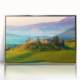 Framed acrylic wall art featuring a serene countryside landscape with vibrant green fields and a clear blue sky, designed to enhance home decor.