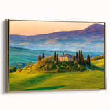 Framed canvas wall art showcasing a serene countryside landscape with vibrant green fields and a golden sunset, ideal for home decor or office ambiance.