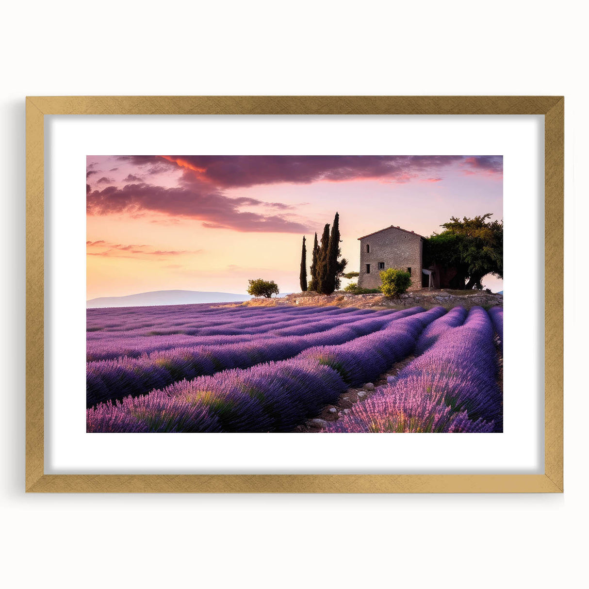 Framed wall art showcasing a serene countryside landscape design with a gold mat and frame, perfect for enhancing home décor and creating a calming atmosphere.