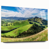Acrylic glass wall art showcasing a vibrant countryside landscape design with rolling hills and lush greenery, displayed in a side view without pins for modern decor.