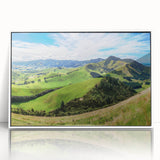 Framed wall art collection showcasing a serene countryside landscape design with vibrant colors, set in a sleek white frame, perfect for home decor.