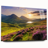 Acrylic glass wall art collection featuring a serene countryside landscape design, showcasing vibrant greens and blues, ideal for home decor. Side view highlights its sleek edges and modern aesthetic, perfect for adding a touch of nature to any room.