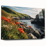 Acrylic glass wall art piece showcasing a vibrant countryside landscape, framed with decorative pins, ideal for home decor and enhancing interior spaces.