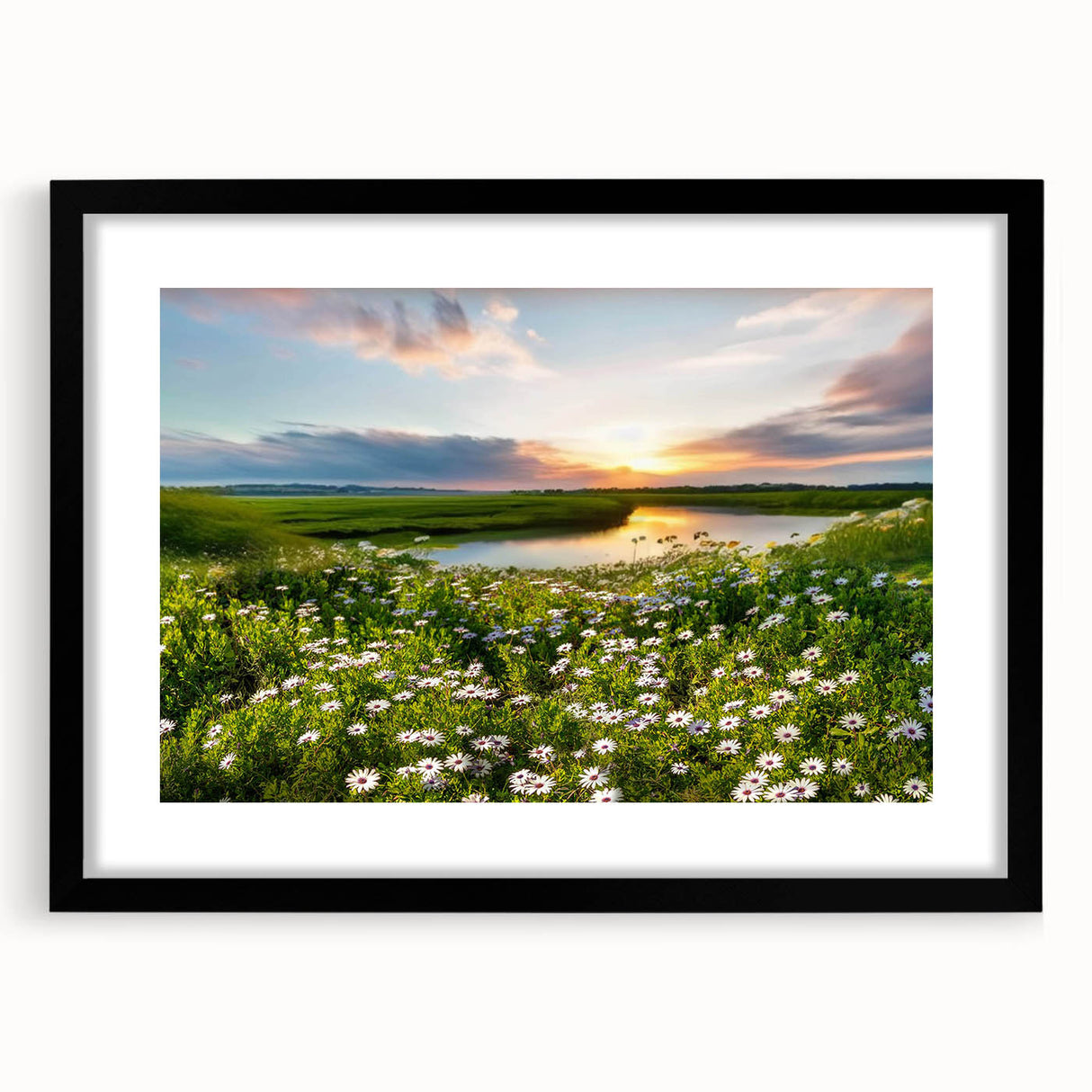 Framed wall art collection showcasing a serene countryside landscape design with a black frame and mat, ideal for enhancing home decor and creating a tranquil atmosphere.