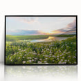 Framed acrylic wall art featuring a serene countryside landscape design, showcasing vibrant greens and blues, ideal for home decor or office spaces.