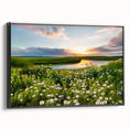 Framed canvas wall art showcasing a serene countryside landscape design, featuring lush greenery and rolling hills, with a stylish black frame, perfect for home decor.