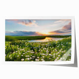 Rolled print showcasing a vibrant countryside landscape with rolling hills and a sunset sky, ideal for home decor, elegantly packaged in a protective tube.
