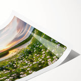 Rolled print of serene countryside landscape wall art featuring vibrant green fields and a clear blue sky, elegantly displayed in a protective cardboard tube.